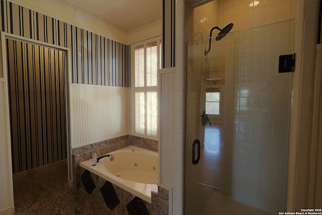 bathroom featuring a whirlpool tub, crown molding, a stall shower, and wallpapered walls