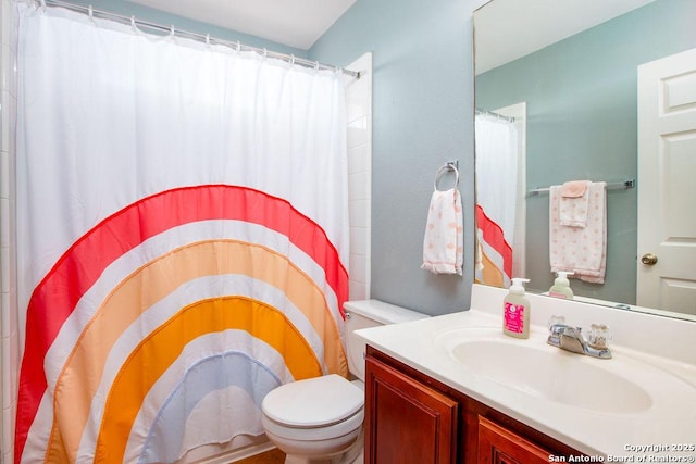 full bathroom featuring vanity, toilet, and a shower with curtain