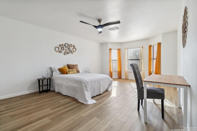 bedroom featuring ceiling fan, light wood finished floors, visible vents, and baseboards