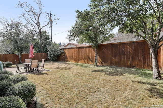 view of yard featuring a fenced backyard and a patio