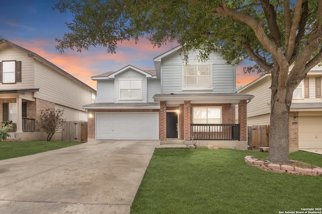 traditional home with a porch, brick siding, fence, and driveway