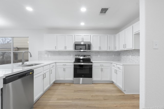 kitchen featuring stainless steel appliances, light wood-type flooring, a sink, and light countertops