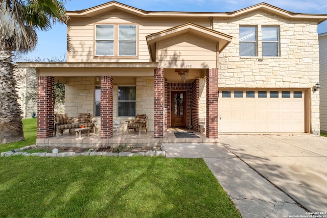 view of front facade featuring a garage, covered porch, brick siding, concrete driveway, and a front lawn