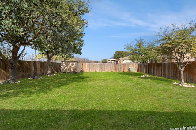 view of yard featuring a fenced backyard, a shed, and an outdoor structure