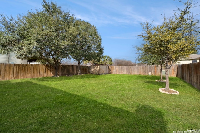 view of yard featuring an outbuilding, a shed, and a fenced backyard