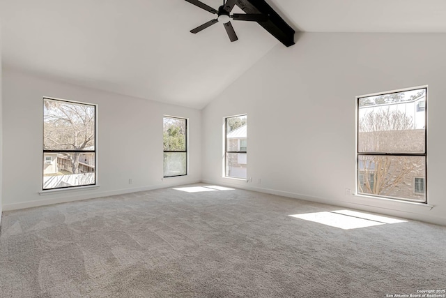 unfurnished room featuring carpet floors, beamed ceiling, high vaulted ceiling, and baseboards