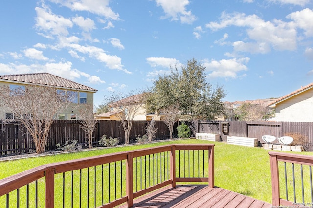 wooden deck with a fenced backyard and a yard