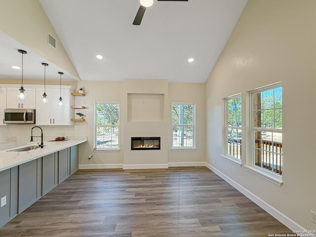 660 Skyline Dr, Bandera, TX 78003 - kitchen with wood finished floors, a sink, visible vents, baseboards, and stainless steel microwave