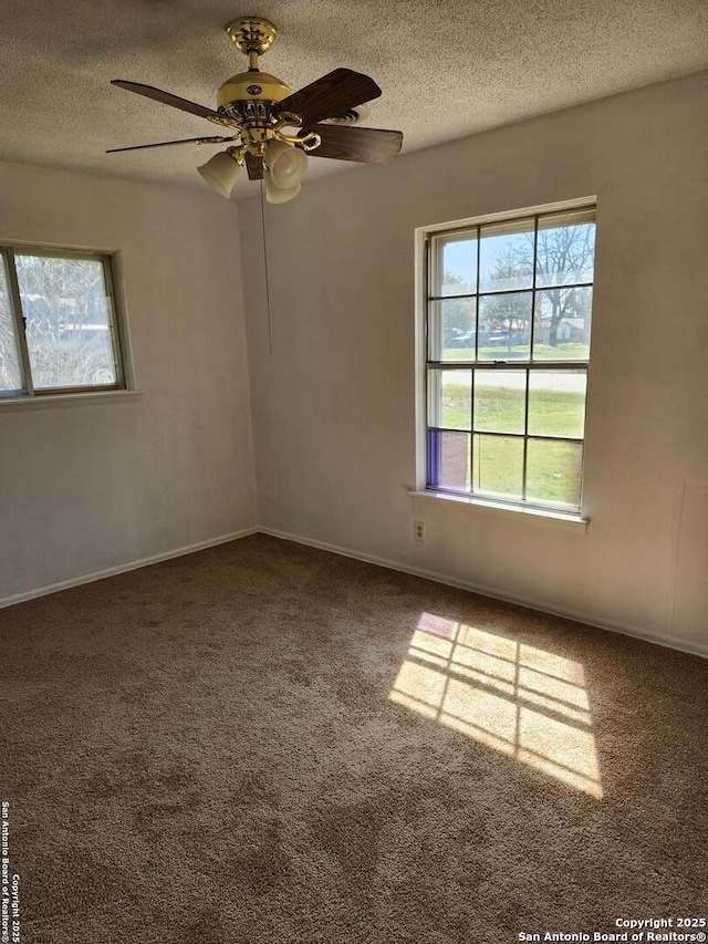 empty room with carpet floors, plenty of natural light, a textured ceiling, and baseboards