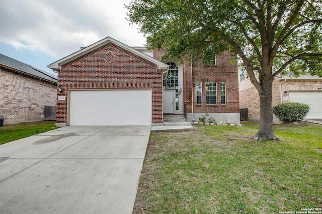 traditional-style house featuring brick siding, central air condition unit, concrete driveway, an attached garage, and a front yard