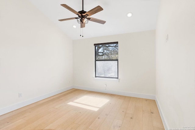 unfurnished room featuring baseboards, recessed lighting, a ceiling fan, and light wood-style floors