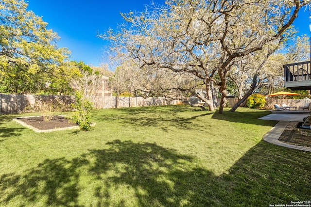 view of yard featuring a fenced backyard and a vegetable garden