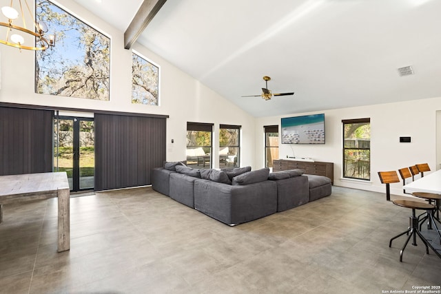 living area with visible vents, high vaulted ceiling, beamed ceiling, and ceiling fan with notable chandelier