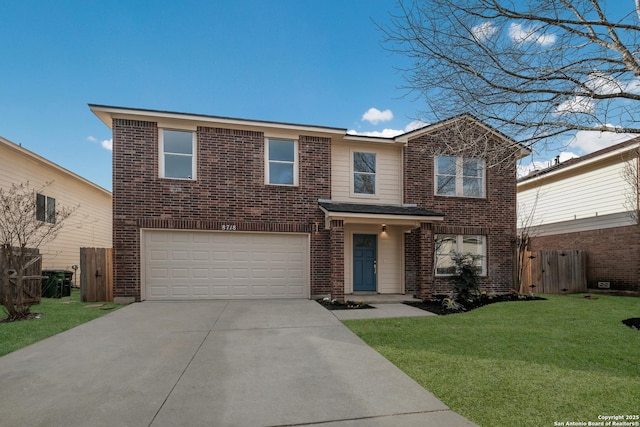 traditional-style house featuring concrete driveway, an attached garage, fence, a front yard, and brick siding