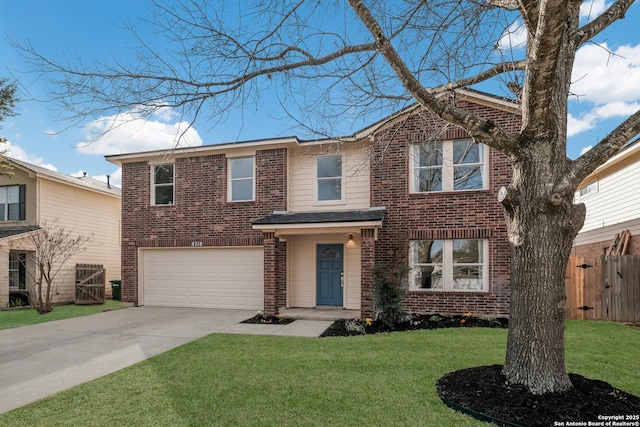 traditional home with an attached garage, brick siding, fence, concrete driveway, and a front yard