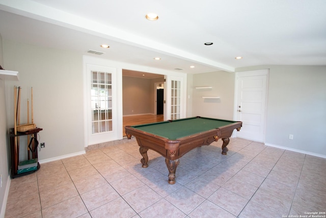 recreation room featuring french doors, visible vents, baseboards, and light tile patterned floors