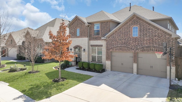 view of front of house with a garage, concrete driveway, roof with shingles, a front lawn, and brick siding