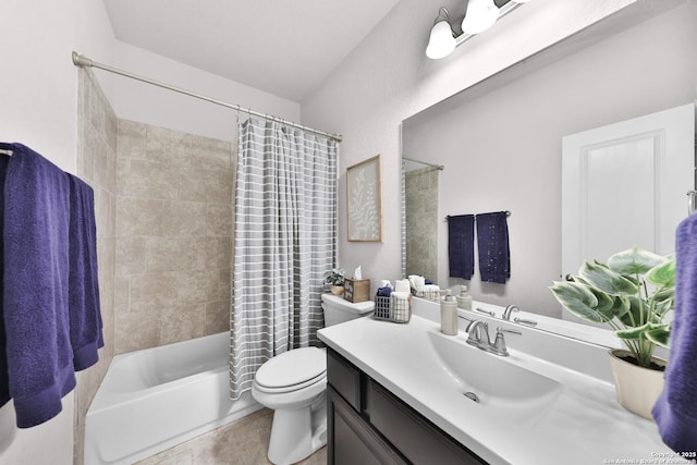 full bath featuring toilet, tile patterned flooring, shower / bath combination with curtain, and vanity