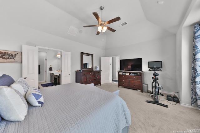 bedroom featuring light carpet, baseboards, visible vents, connected bathroom, and a ceiling fan