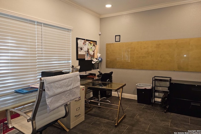 home office with ornamental molding, recessed lighting, and baseboards