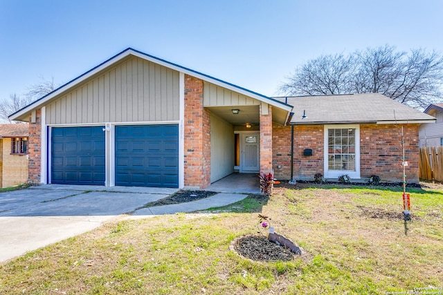 view of front facade with brick siding, concrete driveway, an attached garage, fence, and a front lawn