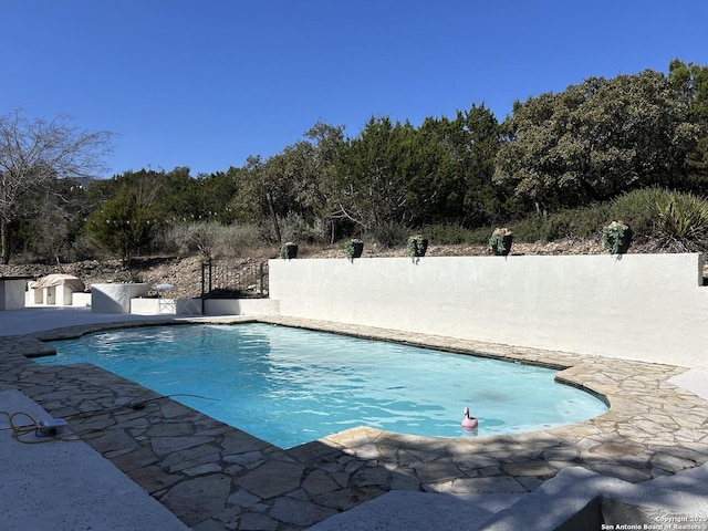 view of swimming pool with a fenced in pool, fence, and a patio