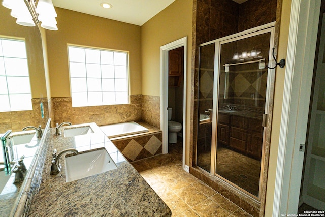 full bath with a stall shower, a sink, toilet, and double vanity