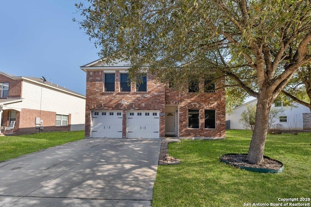 traditional home with a garage, a front yard, concrete driveway, and brick siding