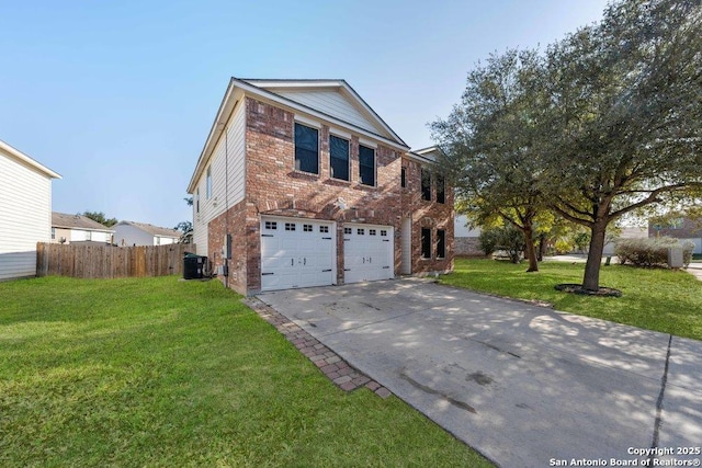 traditional home featuring brick siding, concrete driveway, fence, central air condition unit, and a front yard