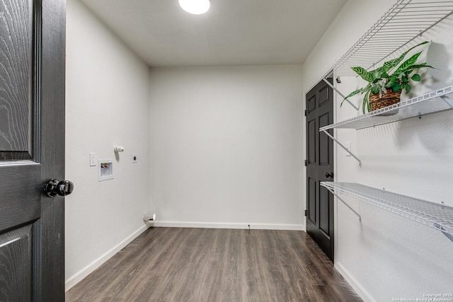 laundry area with electric dryer hookup, laundry area, baseboards, hookup for a washing machine, and dark wood-style flooring