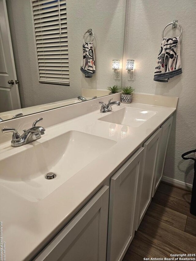106 Tokalaun Dr, Hutto, TX 78634 - full bath featuring a textured wall, double vanity, and a sink