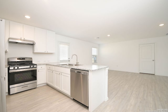 kitchen with light wood finished floors, appliances with stainless steel finishes, a peninsula, under cabinet range hood, and a sink