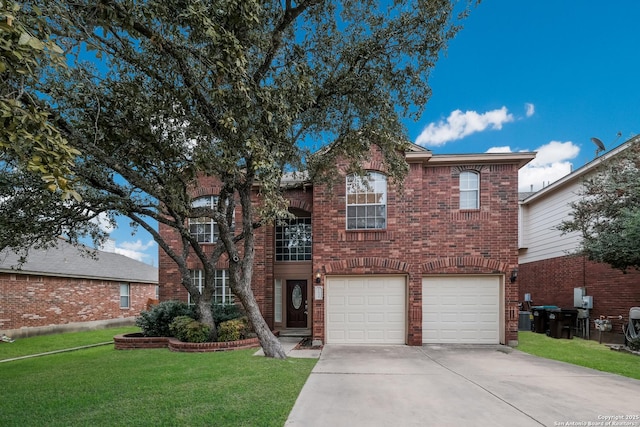 traditional home featuring a garage, a front yard, concrete driveway, and brick siding