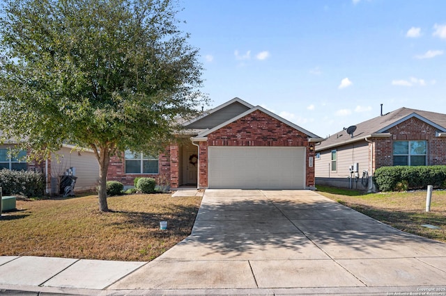 single story home featuring a garage, concrete driveway, brick siding, and a front lawn