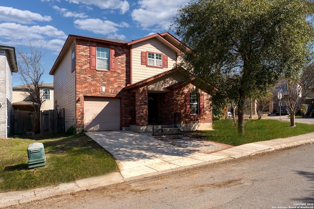 traditional home featuring driveway, brick siding, an attached garage, fence, and a front yard