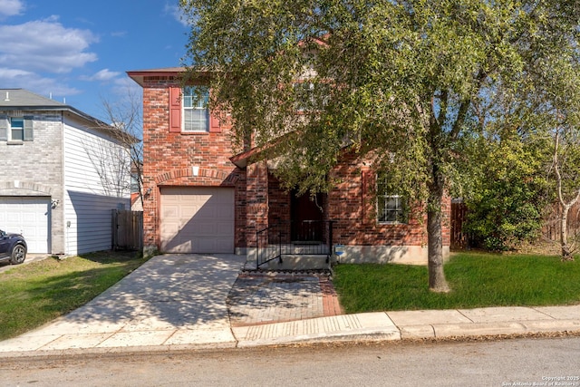 view of front of property with driveway, a garage, a front lawn, and brick siding