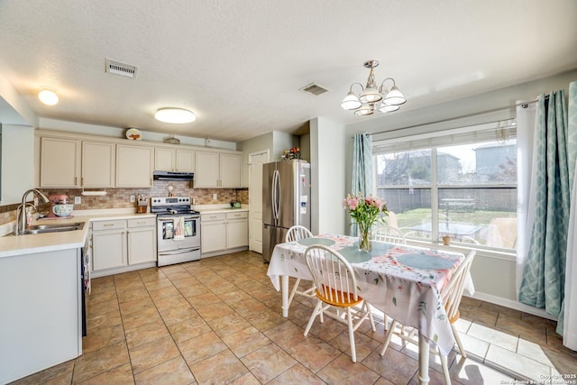 kitchen with visible vents, appliances with stainless steel finishes, a sink, under cabinet range hood, and backsplash