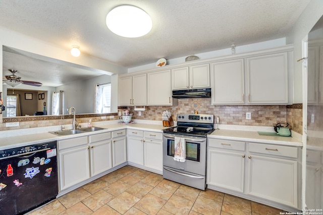 kitchen with range hood, tasteful backsplash, stainless steel range with electric cooktop, a sink, and dishwasher