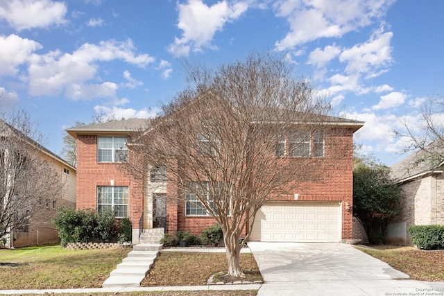 view of front of home featuring driveway, brick siding, a front lawn, and an attached garage