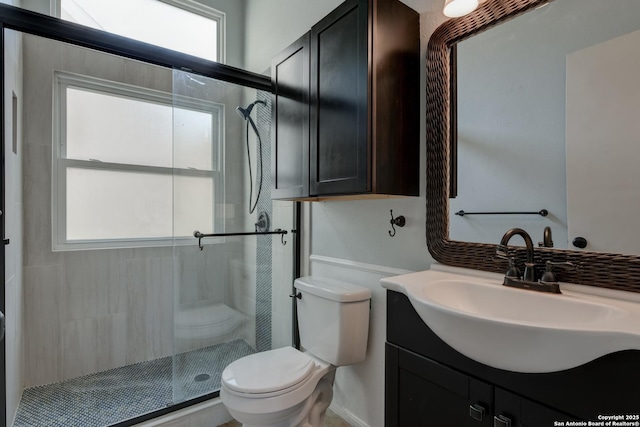 full bathroom featuring a wealth of natural light, a shower stall, toilet, and vanity