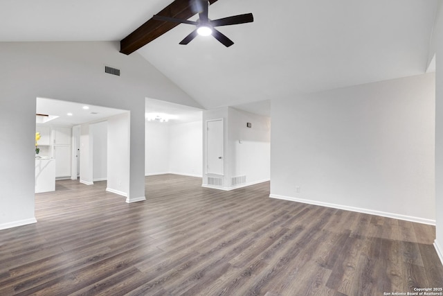 unfurnished living room with baseboards, a ceiling fan, dark wood-style flooring, and beamed ceiling