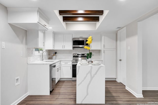 kitchen with dark wood-style floors, a center island, a sink, stainless steel appliances, and backsplash