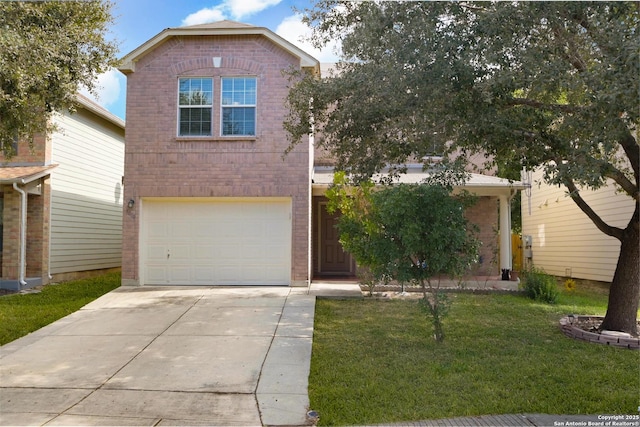 traditional home featuring a garage, a front lawn, concrete driveway, and brick siding