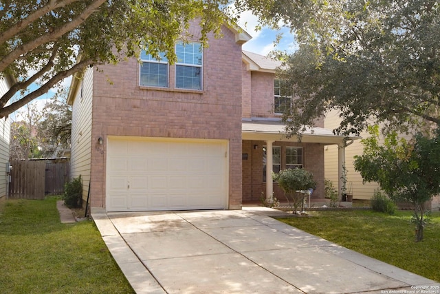 traditional home featuring a front yard, brick siding, fence, and driveway