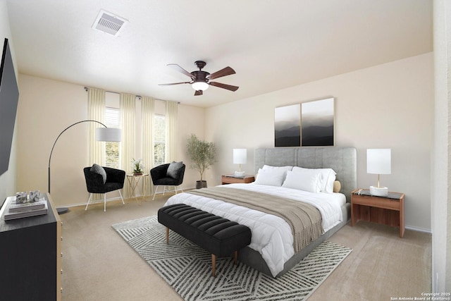 bedroom with baseboards, visible vents, ceiling fan, and carpet flooring