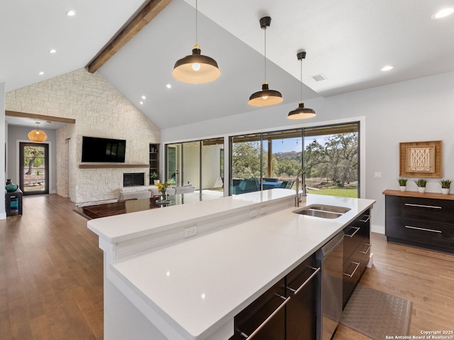 kitchen featuring dishwasher, light countertops, a sink, and wood finished floors