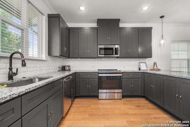 kitchen featuring light stone countertops, ornamental molding, stainless steel appliances, and a sink