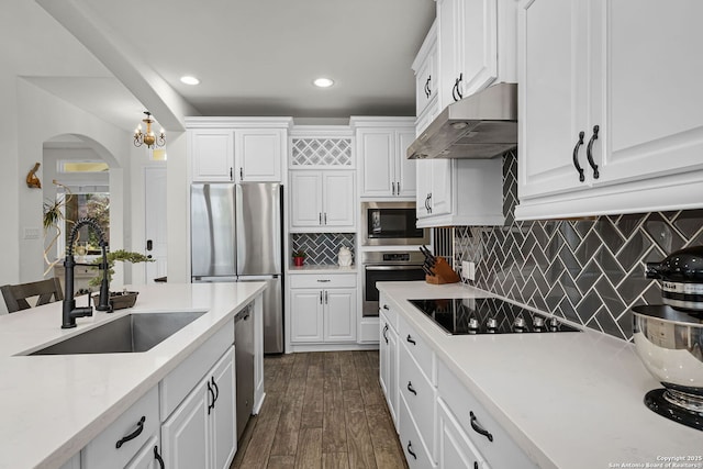 kitchen featuring under cabinet range hood, a sink, white cabinets, light countertops, and appliances with stainless steel finishes