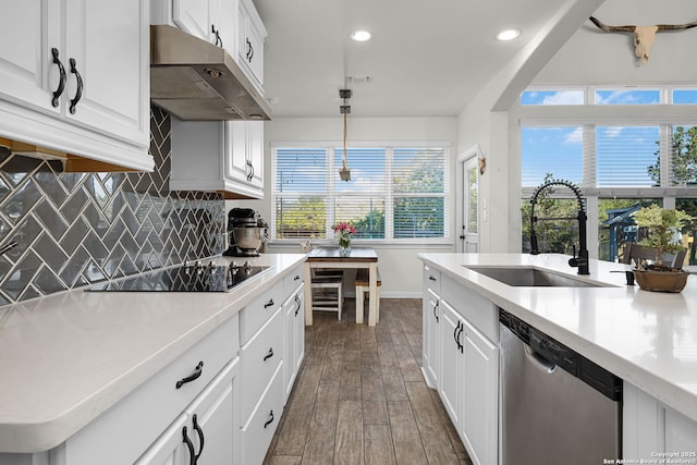 kitchen with tasteful backsplash, dishwasher, black electric stovetop, under cabinet range hood, and a sink