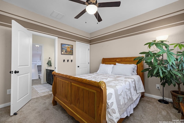 bedroom featuring baseboards, ceiling fan, and light colored carpet